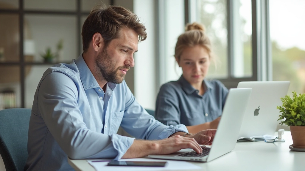 Pai a trabalhar no laptop consultando aplicação de gestão financeira em escritório moderno