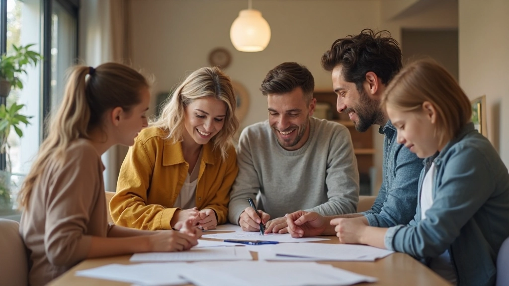 Família jovem portuguesa em casa planificando finanças ao redor de mesa com documentos