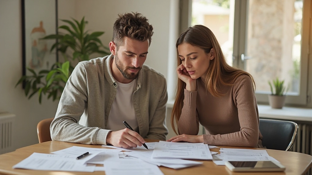 Casal jovem revisando documentos financeiros e orçamento familiar na mesa